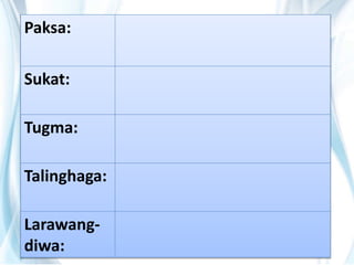 Paksa:
Sukat:
Tugma:
Talinghaga:
Larawang-
diwa:
 