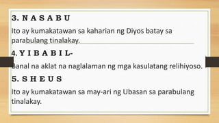 3. N A S A B U
Ito ay kumakatawan sa kaharian ng Diyos batay sa
parabulang tinalakay.
4. Y I B A B I L-
Banal na aklat na naglalaman ng mga kasulatang relihiyoso.
5. S H E U S
Ito ay kumakatawan sa may-ari ng Ubasan sa parabulang
tinalakay.
 