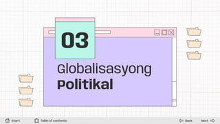 03
Next
Back
Start Table of contents
Globalisasyong
Politikal
 