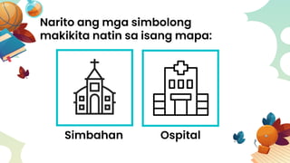 Narito ang mga simbolong
makikita natin sa isang mapa:
Simbahan Ospital
 
