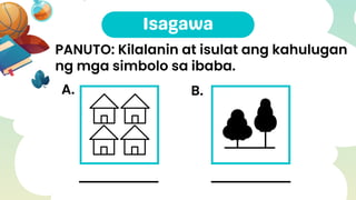 PANUTO: Kilalanin at isulat ang kahulugan
ng mga simbolo sa ibaba.
A. B.
 