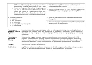 Kalakalang Galyon at pagbubukas ng mga pantalan sa
pandaigdigang kalakalan, Pagbubukas ng Suez Canal)
b. Panloob na Pangyayari (Pag-usbong Panggitnang uri,
Ang Isyu ng Sekularisasyon at Pilipinisasyon (Pedro
Pelaez), Ang Liberal na Pangasiwaan ni Gob. Hen.
Carlos Ma. Dela Torre, Pag-aalsa sa Cavite at
ang Paggarote sa Tatlong Paring Martir (GOMBURZA)
4. Naipaliliwanag ang kilusan para sa sekularisasyon at
Pilipinisasyon ng mga Parokya
5. Nasusuri ang mga idinulot ng Cavite Mutiny at paggarote sa
GOMBURZA sa pag-usbong ng nasyonalismong Pilipino
B. Kilusang Propaganda
1. Layunin
2. Mga Repormista
3. La Solidaridad
4. Ambag ng Kilusang Propaganda
5. La Liga Filipina
6. Naiisa-isa ang mga layunin ng pagkakatatag ng Kilusang
Propaganda
7. Nasusuri ang papel na ginampanan ng Kilusang Propaganda
sa pag-usbong ng nasyonalismo
Pamantayan sa
Ikalawang Yugto ng
Pagkatuto:
Inaasahan na sa ikalawang yugto ng pag-unlad na makapaglapat ang mga mag-aaral ng kaalaman sa
kasaysayan ng Pilipinas, gamit ang perspektiba ng heograpiya, kasaysayan, agham pampolitika,
ekonomiks, at mga kaugnay na kaisipan at pagpapahalaga tungo sa pagpapaigting ng kamalayang
makabansa
Pamantayan sa
Ikaanim na
Baitang:
Naipamamalas ang pag-unawa at paglalapat ng kaalaman sa kasaysayan ng Pilipinas mula 1872
hanggang kontemporanyong panahon, gamit ang mahahalagang kaisipan sa heograpiya, kasaysayan,
kultura, karapatan at responsibilidad, pamumuno at pagsunod, ekonomiya, likas-kayang pag-unlad at
pamumuhay sa lipunang Pilipino tungo sa pagbuo ng pambansang pagkakilanlan at nasyonalismo
Pamagat: Mga Hamon at Pagtugon sa Pagkabansa
Deskripsiyon: Ang Pilipinas sa harap ng mga hamon at tugon ng ika-20 siglo hanggang sa kasalukuyan tungo sa pagbuo
ng tiyak na pagkakakilanlang Pilipino at matatag na pagkabansa (strong nationhood)
 