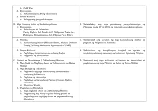 b. Cold War
2. Ekonomiya
a. Rehabilitasyong Pang-ekonomiya
3. Sosyo-Kultural
a. Kalagayang pang-edukasyon
B. Mga Hamong dulot ng Neokolonyalismo
1. Ekonomiya
a. Kabuhayan at Kalakalan
Parity Rights, Bell Trade Act/ Philippine Trade Act,
Philippine Rehabilitation Act, Filipino First Policy
2. Natatalakay ang mga patakarang pang-ekonomiya ng
Pilipinas mula 1946-1986 na nakatali sa neokolonyalismo
2. Politika
a. Kasunduang Militar (Military Bases, Mutual Defense
Treaty, Military Assistance Agreement of 1947)
3. Nasisiyasat ang layunin ng mga kasunduang militar sa
pagitan ng Pilipinas at Amerika
3. Sosyo-Kultural
a. Pagbibigay importansya sa wikang Ingles
b. Paggamit ng mass media
4. Nakabubuo ng kongklusyon tungkol sa epekto ng
neokolonyalistang pananaw sa kultura at lipunang Pilipino
C. Hamon sa Demokrasya / Diktadurang Marcos
1. Mga Salik na Nagbigay-daan sa Deklarasyon ng Batas
Militar
2. Mga Bunga ng Diktadura
a. Pagkawala ng mga institusyong demokratiko -
malayang lehislatura
b. Paghina ng ekonomiya
c. Paglabag sa Karapatang Pantao (Human Rights
Violation)
d. Ill-gotten Wealth
3. Paglaban sa Diktadura
a. Mga pagkilos laban sa Diktadurang Marcos
b. Pagpaslang kay Ninoy Aquino bilang punto sa
pagbabago na nagbigay-daan sa pagwawakas ng
diktadura
5. Nasusuri ang mga suliranin at hamon sa kasarinlan at
pagkabansa ng mga Pilipino sa ilalim ng Batas Militar
 