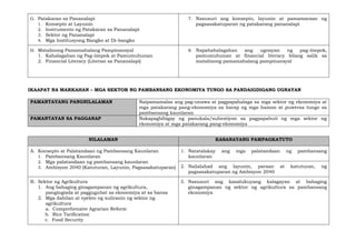 G. Patakaran sa Pananalapi
1. Konsepto at Layunin
2. Instrumento ng Patakaran sa Pananalapi
3. Sektor ng Pananalapi
4. Mga Institusyong Bangko at Di-bangko
7. Nasusuri ang konsepto, layunin at pamamaraan ng
pagsasakatuparan ng patakarang pananalapi
H. Matalinong Pamamahalang Pampinansyal
1. Kahalagahan ng Pag-iimpok at Pamumuhunan
2. Financial Literacy (Literasi sa Pananalapi)
8. Napahahalagahan ang ugnayan ng pag-iimpok,
pamumuhunan at financial literacy bilang salik sa
matalinong pamamahalang pampinansyal
IKAAPAT NA MARKAHAN – MGA SEKTOR NG PAMBANSANG EKONOMIYA TUNGO SA PANDAIGDIGANG UGNAYAN
PAMANTAYANG PANGNILALAMAN Naipamamalas ang pag-unawa at pagpapahalaga sa mga sektor ng ekonomiya at
mga patakarang pang-ekonomiya sa harap ng mga hamon at puwersa tungo sa
pambansang kaunlaran
PAMANTAYAN SA PAGGANAP Nakapagbibigay ng panukala/suhestiyon sa pagpapabuti ng mga sektor ng
ekonomiya at mga patakarang pang-ekonomiya
NILALAMAN KASANAYANG PAMPAGKATUTO
A. Konsepto at Palatandaan ng Pambansang Kaunlaran
1. Pambansang Kaunlaran
2. Mga palatandaan ng pambansang kaunlaran
3. Ambisyon 2040 (Katuturan, Layunin, Pagsasakatuparan)
1. Natatalakay ang mga palatandaan ng pambansang
kaunlaran
2. Nailalahad ang layunin, paraan at katuturan, ng
pagsasakatuparan ng Ambisyon 2040
B. Sektor ng Agrikultura
1. Ang bahaging ginagampanan ng agrikultura,
pangingisda at paggugubat sa ekonomiya at sa bansa
2. Mga dahilan at epekto ng suliranin ng sektor ng
agrikultura
a. Comprehensive Agrarian Reform
b. Rice Tarification
c. Food Security
3. Nasusuri ang kasalukuyang kalagayan at bahaging
ginagampanan ng sektor ng agrikultura sa pambansang
ekonomiya
 