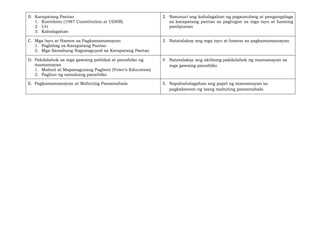 B. Karapatang Pantao
1. Konteksto (1987 Constitution at UDHR)
2. Uri
3. Kahalagahan
2. Nasusuri ang kahalagahan ng pagsusulong at pangangalaga
sa karapatang pantao sa pagtugon sa mga isyu at hamong
panlipunan
C. Mga Isyu at Hamon sa Pagkamamamayan
1. Paglabag sa Karapatang Pantao
2. Mga Samahang Nagtataguyod sa Karapatang Pantao
3. Natatalakay ang mga isyu at hamon sa pagkamamamayan
D. Pakikilahok sa mga gawaing politikal at pansibiko ng
mamamayan
1. Mabuti at Mapanagutang Pagboto (Voter’s Education)
2. Pagbuo ng samahang pansibiko
4. Natatalakay ang aktibong pakikilahok ng mamamayan sa
mga gawaing pansibiko
E. Pagkamamamayan at Mabuting Pamamahala 5. Napahahalagahan ang papel ng mamamayan sa
pagkakaroon ng isang mabuting pamamahala
 