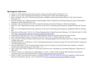 Mga Sanggunian (References):
▪ Adams, P. 2006. Exploring social constructivism: theories and practicalities. Education 3–13.
▪ Andres, B. et.al. 2019. Teaching Social Studies in the Elementary Grades. Rex Publishings Inc.
▪ Beal, C.& Bolick, C.M. 2013. Teaching Social Studies in Middle and Secondary Schools (6th ed.). New Jersey: Pearson
Education, Inc.
▪ De Leon, Zenaida. 2011. Mga Estratehiya at mga Banghay-Aralin sa Pagtuturo ng Araling Panlipunan pasa sa Sekundarya.
Philippines: Vibal Publishing House Inc.
▪ Johnson, D. W. and Johnson, R.T. 2018. Cooperative learning. Innovacion Educacion. Gobierno de Aragon.
▪ Kolb, D.A. 1984. Experiential learning: experience as the source of learning and development. Englewood Cliffs, NJ: Prentice
Hal
▪ Kolb, D.A. 2015. Experiential learning: experience as the source of learning and development. Englewood Cliffs, NJ: Prentice
Hal
▪ Department of Education. 2016. K to 12 Gabay Pangkurikulum: Araling Panlipunan (Baitang 1-10). Retrieved April 21, 2020,
from http://www.deped.gov.ph/wp- conten/uploads/2020/AP-CG.pdf
▪ Department of Education. 2016. K to 12 Araling Panlipunan National Training of Trainers’ Session Guides.
▪ Centre for Educational Studies, University of Hull, UK. Vol. 34, No. 3, October 2006, pp. 243-257.
▪ Chun, M. 2010. Taking teaching to (performance) task: Linking pedagogical and assessment practices. Change: The Magazine
of Higher Education.
▪ Darling-Hammond, L. & Adamson, F. 2013. Developing assessments of deeper learning: The costs and benefits of using tests
that help students learn.
▪ Denton, DW & Sink C. 2015. Preserving Social Studies as Core Curricula in an Era of Common Core Reform. Journal of
Social Studies Education Research 2015: 6(2), 1- 17.
▪ Agno, Lydia and R. Tadena. Module 6.6 Curriculum and Instruction: Ang Pagtuturo ng Araling Panlipunan. Department of
Education.
▪ Heard J., Scoular, C., Duckworth, D., Ramalingam, D., & Teo, I. 2020. Critical thinking: Skill development framework.
Australian Council for Educational Research. https://research.acer.edu.au/ar_misc/41
▪ Hinde, E. 2009. Fractured social studies or integrated thinkers: The end results of curriculum integration. Social Science
Research and Practice, 4(3), pp. 118-127. Retrieved from http://www.socstrp.org/issues/PDF/4.3.12.pdf
 