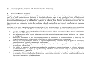 III. Istruktura ng Araling Panlipunan (AP) (Structure of Araling Panlipunan)
A. Pangunaing Kaisipan (Big Ideas)
Bilang isang integratibo, interdisiplinaryo at multidisiplinaryong asignatura, nakapaloob sa Araling Panlipunan ang pangunahing
ideya ng iba’t ibang sangay ng Agham Panlipunan na malaki ang ugnayan sa bawat isa. Ang Pangunahing Ideya ay mahahalagang
konsepto, prinsipyo, teorya, at prosesong gumagabay sa kurikulum. Sa pamamagitan ng malalalim na kaisipan, naituon ang panahon
sa pinakamahalagang kaalaman na nakapaloob sa kurikulum. Sa madaling salita, nagsisilbi itong lente upang matukoy ang mga
pagtutuunang nilalaman. Bahagi rin ng pangunahing ideya ang pangmatagalang pag-unawa sa mga konsepto, prinsipyo, at teorya
na bumubuo ng mga katotohanan batay sa mga ipinapakita at kapaki-pakinabang na mga tularan o huwaran (McTighe & Wiggins,
2012).
Minarapat na isa-isahin ang mga kaisipang ito upang mabigyang-diin sa pagpapayaman ng kasalukuyang kurikulum. Inaasahang
ang mga kaisipang ito ang tatahi sa iba’t ibang kaalaman, konsepto, at kasanayan sa bawat baitang gamit ang pitong tema.
a. Ang likas-kayang pag-unlad ang bagong kasunduang panlipunan na gagabay sa interaksyon ng tao, lipunan, at kapaligiran.
(Tao, Lipunan, at Kapaligiran)
b. Ang pagkakakilanlan ng tao, lipunan, at bansa ay hinuhubog ng interaksyon ng tao sa kaniyang kapaligiran. (Tao, Lipunan,
at Kapaligiran)
c. Mahalagang maunawaan na ang nagbabagong pananaw ng pamamahala at pagkamamamayan ay bunga ng mga
pangyayaring panlipunan, pampolitikal at pangkabuhayan. (Panahon, Pagpapatuloy, at Pagbabago)
d. Mahalaga ang pangkasaysayang pananaw sa pagsusuri ng karanasang panlipunan tungo sa pagbuo ng kamalayang
pagkamamamayan. (Panahon, Pagpapatuloy, at Pagbabago)
e. Ang kaganapan ng nilalayong lipunan sa hinaharap ay nakabatay sa kalidad ng ating pagkilos sa kasalukuyan. (Panahon,
Pagpapatuloy, at Pagbabago)
f. Ang malalim na pag-unawa sa pagkakatulad, pagkakaiba, pagkakaugnay- ugnay, at pagbabago ng kultura o kalinangan
ay nakaiimpluwensiya sa pagbuo ng pagkakakilanlang indibidwal, lokal at nasyonal tungo sa pagkabansa. (Kultura,
Pagkakakilanlan, at Pagkabansa)
g. Ang patuloy na pagkilala, paggalang, at pagsasakatuparan sa kalayaan, karapatan at tungkulin, at dignidad ng bawat tao
ay nagbibigay-daan sa pagpapanatili ng kaayusan at katatagang panlipunan at pagkamit ng kabutihang panlahat.
(Karapatan, Pananagutan, at Pagkamamayan)
 