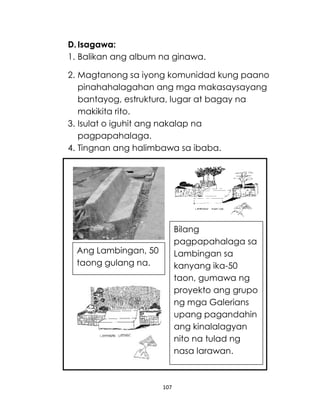 107
D.Isagawa:
1. Balikan ang album na ginawa.
2. Magtanong sa iyong komunidad kung paano
pinahahalagahan ang mga makasaysayang
bantayog, estruktura, lugar at bagay na
makikita rito.
3. Isulat o iguhit ang nakalap na
pagpapahalaga.
4. Tingnan ang halimbawa sa ibaba.
Ang Lambingan, 50
taong gulang na.
Bilang
pagpapahalaga sa
Lambingan sa
kanyang ika-50
taon, gumawa ng
proyekto ang grupo
ng mga Galerians
upang pagandahin
ang kinalalagyan
nito na tulad ng
nasa larawan.
 