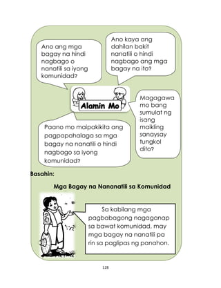 128
Basahin:
Mga Bagay na Nananatili sa Komunidad
Ano ang mga
bagay na hindi
nagbago o
nanatili sa iyong
komunidad?
Ano kaya ang
dahilan bakit
nanatili o hindi
nagbago ang mga
bagay na ito?
Paano mo maipakikita ang
pagpapahalaga sa mga
bagay na nanatili o hindi
nagbago sa iyong
komunidad?
Sa kabilang mga
pagbabagong nagaganap
sa bawat komunidad, may
mga bagay na nanatili pa
rin sa paglipas ng panahon.
Magagawa
mo bang
sumulat ng
isang
maikling
sanaysay
tungkol
dito?
 