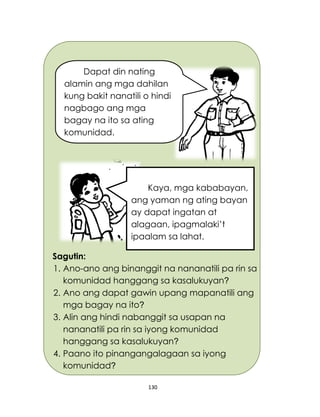 130
Sagutin:
1. Ano-ano ang binanggit na nananatili pa rin sa
komunidad hanggang sa kasalukuyan?
2. Ano ang dapat gawin upang mapanatili ang
mga bagay na ito?
3. Alin ang hindi nabanggit sa usapan na
nananatili pa rin sa iyong komunidad
hanggang sa kasalukuyan?
4. Paano ito pinangangalagaan sa iyong
komunidad?
Dapat din nating
alamin ang mga dahilan
kung bakit nanatili o hindi
nagbago ang mga
bagay na ito sa ating
komunidad.
Kaya, mga kababayan,
ang yaman ng ating bayan
ay dapat ingatan at
alagaan, ipagmalaki’t
ipaalam sa lahat.
 