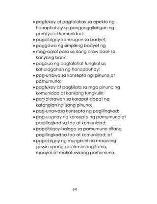 142
 pagtukoy at pagtalakay sa epekto ng
hanapbuhay sa pangangailangan ng
pamilya at komunidad;
 pagbibigay-kahulugan sa badyet;
 paggawa ng simpleng badyet ng
 mag-aaral para sa isang araw base sa
kanyang baon;
 pagbuo ng paglalahat tungkol sa
kahalagahan ng hanapbuhay;
 pag-unawa sa konsepto ng pinuno at
pamumuno;
 pagtukoy at pagkilala sa mga pinuno ng
komunidad at kanilang tungkulin;
 paglalarawan sa karapat-dapat na
katangian ng isang pinuno;
 pag-unawasa konsepto ng paglilingkod;
 pag-uugnay ng konsepto ng pamumuno at
paglilingkod sa tao at komunidad;
 pagbibigay-halaga sa pamumuno bilang
paglilingkod sa tao at komunidad; at
 pagbibigay ng mungkahi na maaaring
gawin upang palakasin ang tama,
maayos at makatuwirang pamumuno.
 