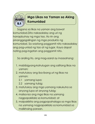 146
Mga Likas na Yaman sa Aking
Komunidad
Sagana sa likas na yaman ang bawat
komunidad.Dito nakasalalay ang uri ng
hanapbuhay ng mga tao. Ito rin ang
pinanggagalingan ng mga produkto ng
komunidad. Sa wastong paggamit nito nakasalalay
ang pag-unlad ng tao at ng lugar. Kaya dapat
nating pag-ingatan ang paggamit nito.
Sa araling ito, ang mag-aaral ay inaasahang:
1. mabibigyang-kahulugan ang salitang likas na
yaman;
2. matutukoy ang iba-ibang uri ng likas na
yaman:
2.1 yamang lupa;
2.2 yamang tubig;
3. matutukoy ang mga yamang nakukuha sa
anyong lupa at anyong tubig;
4. maiisa-isa ang mga likas na yamang
nagpapakilala sa komunidad; at
5. maipakikita ang pagpapahalaga sa mga likas
na yamang nagpapakilala sa komunidad sa
malikhaing paraan.
 