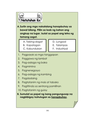 161
A.Suriin ang mga nakatalang hanapbuhay sa
bawat bilang. Piliin sa loob ng kahon ang
angkop na lugar. Isulat sa papel ang letra ng
tamang sagot.
1. Pagpasok sa mga tanggapan
2. Paggawa ng lambat
3. Pag-aalaga ng baka
4. Pagmimina
5. Pagnenegosyo
6. Pag-aalaga ng kambing
7. Pagdadaing
8. Pagtatanim ng mais at tabako
9. Pagtitinda sa sentrong pamilihan
10. Pagtatanim ng gulay
B. Sumulat sa papel ng isang pangungusap na
nagbibigay kahulugan sa hanapbuhay.
D. Lungsod
E. Talampas
F. Industriyal
A. Tabing-dagat
B. Kapatagan
C. Kabundukan
 