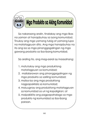 162
Sa nakaraang aralin, tinalakay ang mga likas
na yaman at hanapbuhay sa iyong komunidad.
Tinukoy ang mga yamang tubig at yamang lupa
na matatagpuan dito. Ang mga hanapbuhay na
ito ang isa sa mga pinanggagalingan ng mga
gawang produkto sa iba-ibang komunidad.
Sa araling ito, ang mag-aaral ay inaasahang:
1. matutukoy ang mga produktong
matatagpuan sa komunidad;
2. mailalarawan ang pinanggagalingan ng
mga produkto sa sariling komunidad;
3. maiisa-isa ang mga produktong
nagpapakilala sa komunidad;
4. maiuugnay ang produktong matatagpuan
sa komunidad sa uri ng kapaligiran; at
5. maipakikita ang pagpapahalaga sa mga
produkto ng komunidad sa iba-ibang
paraan.
 