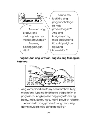 163
Pagmasdan ang larawan. Sagutin ang tanong na
kasunod:
1. Ang komunidad na ito ay nasa lambak. May
matabang lupa na angkop sa pagtatanim o
pagsasaka. Angkop dito ang pagtatanim ng
palay, mais, bulak, tubo, mani, pinya at tabako.
Ano-ano kayang produkto ang maaaring
gawin mula sa mga sangkap na ito?
Ano-ano ang
produktong
matatagpuan sa
iyong komunidad?
Ano ang
pinanggalingan
nito?
Paano mo
ipakikita ang
pagpapahalaga
sa mga
produktong ito?
Ano ang
kaugnayan ng
mga produktong
ito sa kapaligiran
ng iyong
komunidad?
 