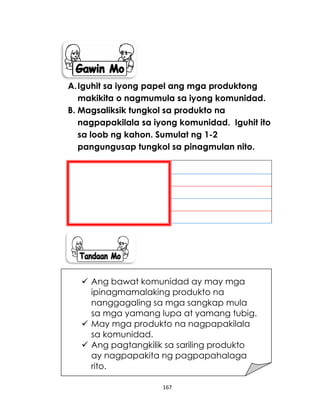 167
A.Iguhit sa iyong papel ang mga produktong
makikita o nagmumula sa iyong komunidad.
B. Magsaliksik tungkol sa produkto na
nagpapakilala sa iyong komunidad. Iguhit ito
sa loob ng kahon. Sumulat ng 1-2
pangungusap tungkol sa pinagmulan nito.
 Ang bawat komunidad ay may mga
ipinagmamalaking produkto na
nanggagaling sa mga sangkap mula
sa mga yamang lupa at yamang tubig.
 May mga produkto na nagpapakilala
sa komunidad.
 Ang pagtangkilik sa sariling produkto
ay nagpapakita ng pagpapahalaga
rito.
 