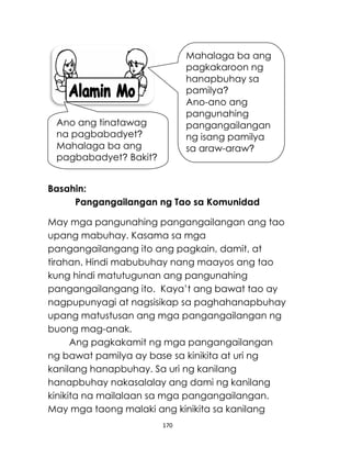 170
Basahin:
Pangangailangan ng Tao sa Komunidad
May mga pangunahing pangangailangan ang tao
upang mabuhay. Kasama sa mga
pangangailangang ito ang pagkain, damit, at
tirahan. Hindi mabubuhay nang maayos ang tao
kung hindi matutugunan ang pangunahing
pangangailangang ito. Kaya’t ang bawat tao ay
nagpupunyagi at nagsisikap sa paghahanapbuhay
upang matustusan ang mga pangangailangan ng
buong mag-anak.
Ang pagkakamit ng mga pangangailangan
ng bawat pamilya ay base sa kinikita at uri ng
kanilang hanapbuhay. Sa uri ng kanilang
hanapbuhay nakasalalay ang dami ng kanilang
kinikita na mailalaan sa mga pangangailangan.
May mga taong malaki ang kinikita sa kanilang
Mahalaga ba ang
pagkakaroon ng
hanapbuhay sa
pamilya?
Ano-ano ang
pangunahing
pangangailangan
ng isang pamilya
sa araw-araw?
Ano ang tinatawag
na pagbabadyet?
Mahalaga ba ang
pagbabadyet? Bakit?
 