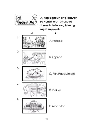182
A. Pag-ugnayin ang larawan
sa Hanay A at pinuno sa
Hanay B. Isulat ang letra ng
sagot sa papel.
A B
A. Prinsipal
B. Kapitan
C. Pari/Pastor/Imam
D. Doktor
E. Ama o Ina
1.
2.
3.
4.
5.
 