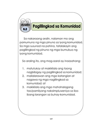 187
Sa nakaraang aralin, nalaman mo ang
pamumuno ng mga pinuno sa iyong komunidad.
Sa mga susunod na pahina, tatalakayin ang
paglilingkod ng pinuno ng mga bumubuo ng
iyong komunidad.
Sa araling ito, ang mag-aaral ay inaasahang:
1. matutukoy at makikilala ang taong
nagbibigay ng paglilingkod sa komunidad;
2. mailalarawan ang mga katangian at
nagawa ng mga naglilingkod sa
komunidad; at
3. makikilala ang mga mahahalagang
tao/pamilyang nakaimpluweniya sa iba-
ibang larangan sa buhay-komunidad.
 