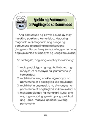 196
Ang pamumuno ng bawat pinuno ay may
malaking epekto sa komunidad. Maaaring
maganda o di-maganda ang bunga ng
pamumuno at paglilingkod na kanyang
ginagawa. Nakasalalay sa mabuting pamumuno
ang ikakaunlad at ikaaayos ng isang komunidad.
Sa araling ito, ang mag-aaral ay inaasahang:
1. makapagbibigay ng mga halimbawa ng
maayos at di-maayos na pamumuno sa
komunidad;
2. mahihinuha ang epekto ng maayos na
pamumuno at paglilingkod sa komunidad;
3. mahihinuha ang epekto ng di-maayos na
pamumuno at paglilingkod sa komunidad; at
4. makapagbibigay ng mungkahi kung ano
ang mga maaring gawin upang palakasin
ang tama, maayos at makatuwirang
pamumuno.
 