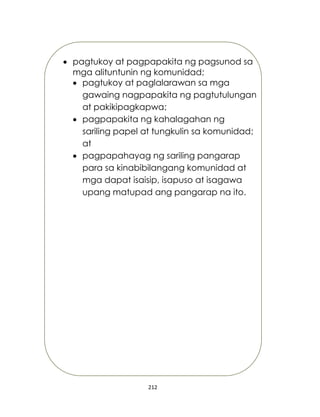 212
 pagtukoy at pagpapakita ng pagsunod sa
mga alituntunin ng komunidad;
 pagtukoy at paglalarawan sa mga
gawaing nagpapakita ng pagtutulungan
at pakikipagkapwa;
 pagpapakita ng kahalagahan ng
sariling papel at tungkulin sa komunidad;
at
 pagpapahayag ng sariling pangarap
para sa kinabibilangang komunidad at
mga dapat isaisip, isapuso at isagawa
upang matupad ang pangarap na ito.
 