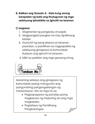 220
B. Balikan ang Gawain A. Itala kung anong
karapatan ng bata ang tinutugunan ng mga
serbisyong ipinakikita sa iginuhit na larawan.
C.Isagawa:
1. Maghanda ng pangkulay at papel.
2. Magpangkat-pangkat na may tig-lilimang
kasapi.
3. Gumuhit ng isang eksena sa tahanan,
paaralan, o pamilihan na nagpapakita ng
serbisyong ginagawa sa komunidad.
Kulayan ang iginuhit na larawan.
4. Idikit sa paskilan ang mga gawang sining.
Maraming serbisyo ang ginagawa ng
komunidad upang matugunan ang
pangunahing pangangailangan ng
mamamayan. Ilan sa mga ito ay:
 Pagpapagawa ng patubig upang
magkaroon ng mabuting ani ang mga
magsasaka.
 Pagtatayo ng Pamilihang
Pangbarangay
 