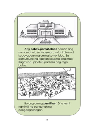 18
Ang bahay-pamahalaan naman ang
namamahala sa kaayusan, katahimikan at
kapayapaan ng aming komunidad. Sa
pamumuno ng Kapitan kasama ang mga
Kagawad, ipinatutupad nila ang mga
batas.
Ito ang aming pamilihan. Dito kami
namimili ng pangunahing
pangangailangan.
 