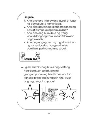 19
Sagutin:
1. Ano-ano ang inilarawang gusali at lugar
na bumubuo sa komunidad?
2. Ano ang gawain na ginagampanan ng
bawat bumubuo ng komunidad?
3. Ano-ano ang bumubuo ng iyong
kinabibilangang komunidad? Ilarawan
ang bawat isa.
4. Ano ang nagagawa ng mga bumubuo
ng komunidad sa iyong sarili at sa
pamilya? Ipaliwanag ang sagot.
A. Iguhit sa kaliwang bituin ang salitang
naglalarawan sa gawain na
ginagampanan ng health center at sa
kanang bituin ang tungkulin nito. Isulat
ang mga sagot sa papel.
 
