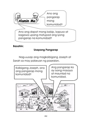 262
Basahin:
Usapang Pangarap
Nag-uusap ang magkaibigang Joseph at
Sarah sa may palaruan ng paaralan.
Ano ang
pangarap
mong
komunidad?
Ano ang dapat mong isaisip, isapuso at
isagawa upang matupad ang iyong
pangarap na komunidad?
Kaibigang Joseph, ano
ang pangarap mong
komunidad?
Ang pangarap ko
ay isang masaya
at maunlad na
komunidad.
 