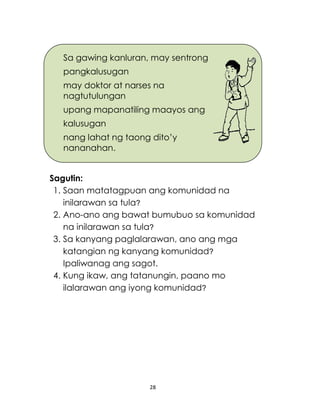28
Sagutin:
1. Saan matatagpuan ang komunidad na
inilarawan sa tula?
2. Ano-ano ang bawat bumubuo sa komunidad
na inilarawan sa tula?
3. Sa kanyang paglalarawan, ano ang mga
katangian ng kanyang komunidad?
Ipaliwanag ang sagot.
4. Kung ikaw, ang tatanungin, paano mo
ilalarawan ang iyong komunidad?
Sa gawing kanluran, may sentrong
pangkalusugan
may doktor at narses na
nagtutulungan
upang mapanatiling maayos ang
kalusugan
nang lahat ng taong dito’y
nananahan.
 