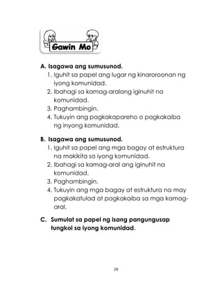 29
A. Isagawa ang sumusunod.
1. Iguhit sa papel ang lugar ng kinaroroonan ng
iyong komunidad.
2. Ibahagi sa kamag-aralang iginuhit na
komunidad.
3. Paghambingin.
4. Tukuyin ang pagkakapareho o pagkakaiba
ng inyong komunidad.
B. Isagawa ang sumusunod.
1. Iguhit sa papel ang mga bagay at estruktura
na makikita sa iyong komunidad.
2. Ibahagi sa kamag-aral ang iginuhit na
komunidad.
3. Paghambingin.
4. Tukuyin ang mga bagay at estruktura na may
pagkakatulad at pagkakaiba sa mga kamag-
aral.
C. Sumulat sa papel ng isang pangungusap
tungkol sa iyong komunidad.
 
