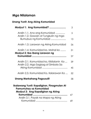 iv
Mga Nilalaman
Unang Yunit: Ang Aking Komunidad
Modyul 1: Ang Komunidad? ........................ 3
Aralin 1.1. Ano ang Komunidad .............. 5
Aralin 1.2. Gawain at Tungkulin ng mga
Bumubuo ng Komunidad ...................... 13
Aralin 1.3. Larawan ng Aking Komunidad 26
Aralin 1.4. Komunidad ko, Mahal ko ........ 31
Modyul 2: Iba-Ibang Larawan ng
Komunidad .................................................. 37
Aralin 2.1. Komunidad ko, Kikilalanin Ko ... 39
Aralin 2.2. Mga Sagisag at Simbolo Sa
Aking Komunidad ..................................... 45
Aralin 2.3. Komunidad Ko, Ilalarawan Ko ... 52
Unang Markahang Pagsusulit 58
Ikalawang Yunit: Kapaligiran, Pinagmulan At
Pamumuhay sa Komunidad
Modyul 3: Ang Kapaligiran ng Aking
Komunidad .................................................. 67
Aralin 3.1. Payak na Mapa ng Aking
Komunidad .............................................. 69
 