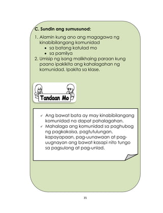 35
C. Sundin ang sumusunod:
1. Alamin kung ano ang magagawa ng
kinabibilangang komunidad
 sa batang katulad mo
 sa pamilya
2. Umisip ng isang malikhaing paraan kung
paano ipakikita ang kahalagahan ng
komunidad. Ipakita sa klase.
 Ang bawat bata ay may kinabibilangang
komunidad na dapat pahalagahan.
 Mahalaga ang komunidad sa paghubog
ng pagkakaisa, pagtutulungan,
kapayapaan, pag-uunawaan at pag-
uugnayan ang bawat kasapi nito tungo
sa pagsulong at pag-unlad.
 