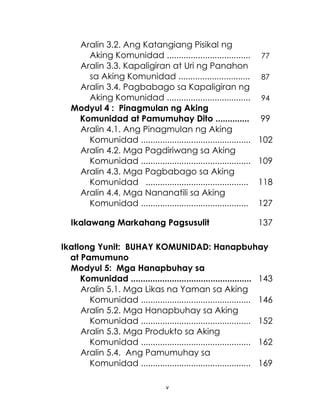 v
Aralin 3.2. Ang Katangiang Pisikal ng
Aking Komunidad ................................... 77
Aralin 3.3. Kapaligiran at Uri ng Panahon
sa Aking Komunidad .............................. 87
Aralin 3.4. Pagbabago sa Kapaligiran ng
Aking Komunidad ................................... 94
Modyul 4 : Pinagmulan ng Aking
Komunidad at Pamumuhay Dito .............. 99
Aralin 4.1. Ang Pinagmulan ng Aking
Komunidad .............................................. 102
Aralin 4.2. Mga Pagdiriwang sa Aking
Komunidad .............................................. 109
Aralin 4.3. Mga Pagbabago sa Aking
Komunidad ........................................... 118
Aralin 4.4. Mga Nananatili sa Aking
Komunidad ............................................. 127
Ikalawang Markahang Pagsusulit 137
Ikatlong Yunit: BUHAY KOMUNIDAD: Hanapbuhay
at Pamumuno
Modyul 5: Mga Hanapbuhay sa
Komunidad .................................................. 143
Aralin 5.1. Mga Likas na Yaman sa Aking
Komunidad .............................................. 146
Aralin 5.2. Mga Hanapbuhay sa Aking
Komunidad .............................................. 152
Aralin 5.3. Mga Produkto sa Aking
Komunidad .............................................. 162
Aralin 5.4. Ang Pamumuhay sa
Komunidad .............................................. 169
 