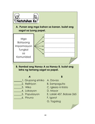 44
A. Punan ang mga kahon sa kanan. Isulat ang
sagot sa iyong papel.
B. Itambal ang Hanay A sa Hanay B. Isulat ang
letra ng tamang sagot sa papel.
A B
_____1. Grupong etniko A. Davao
______2. Relihiyon B. Sampaguita
______3. Wika C. Iglesia ni Kristo
______4. Lokasyon D. Mayor
______5. Populasyon E. Lalaki 457, Babae 265
______6. Pinuno F. Igorot
G. Tagalog
Mga
Batayang
Impormasyon
Tungkol
sa
Komunidad
 