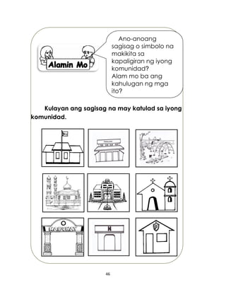 46
Kulayan ang sagisag na may katulad sa iyong
komunidad.
Ano-anoang
sagisag o simbolo na
makikita sa
kapaligiran ng iyong
komunidad?
Alam mo ba ang
kahulugan ng mga
ito?
 