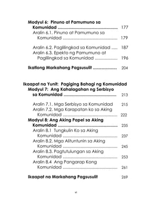 vi
Modyul 6: Pinuno at Pamumuno sa
Komunidad .................................................. 177
Aralin 6.1. Pinuno at Pamumuno sa
Komunidad .............................................. 179
Aralin 6.2. Paglilingkod sa Komunidad ..... 187
Aralin 6.3. Epekto ng Pamumuno at
Paglilingkod sa Komunidad ................... 196
Ikatlong Markahang Pagsusulit .................... 204
Ikaapat na Yunit: Pagiging Bahagi ng Komunidad
Modyul 7: Ang Kahalagahan ng Serbisyo
sa Komunidad ............................................ 213
Aralin 7.1. Mga Serbisyo sa Komunidad 215
Aralin 7.2. Mga Karapatan ko sa Aking
Komunidad .............................................. 222
Modyul 8: Ang Aking Papel sa Aking
Komunidad .................................................. 235
Aralin 8.1 Tungkulin Ko sa Aking
Komunidad .............................................. 237
Aralin 8.2. Mga Alituntunin sa Aking
Komunidad .............................................. 245
Aralin 8.3. Pagtutulungan sa Aking
Komunidad .............................................. 253
Aralin 8.4 Ang Pangarap Kong
Komunidad .............................................. 261
Ikaapat na Markahang Pagsusulit 269
 