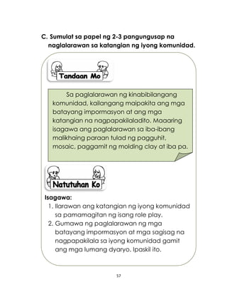 57
C. Sumulat sa papel ng 2-3 pangungusap na
naglalarawan sa katangian ng iyong komunidad.
Isagawa:
1. Ilarawan ang katangian ng iyong komunidad
sa pamamagitan ng isang role play.
2. Gumawa ng paglalarawan ng mga
batayang impormasyon at mga sagisag na
nagpapakilala sa iyong komunidad gamit
ang mga lumang dyaryo. Ipaskil ito.
Sa paglalarawan ng kinabibilangang
komunidad, kailangang maipakita ang mga
batayang impormasyon at ang mga
katangian na nagpapakilaladito. Maaaring
isagawa ang paglalarawan sa iba-ibang
malikhaing paraan tulad ng pagguhit,
mosaic, paggamit ng molding clay at iba pa.
 