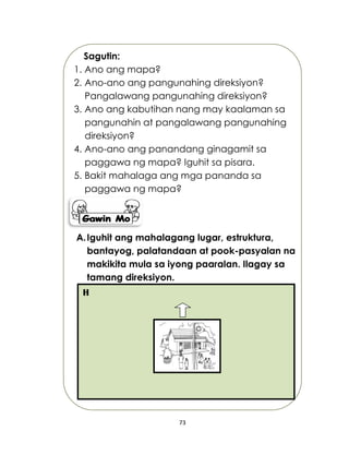 73
Sagutin:
1. Ano ang mapa?
2. Ano-ano ang pangunahing direksiyon?
Pangalawang pangunahing direksiyon?
3. Ano ang kabutihan nang may kaalaman sa
pangunahin at pangalawang pangunahing
direksiyon?
4. Ano-ano ang panandang ginagamit sa
paggawa ng mapa? Iguhit sa pisara.
5. Bakit mahalaga ang mga pananda sa
paggawa ng mapa?
A.Iguhit ang mahalagang lugar, estruktura,
bantayog, palatandaan at pook-pasyalan na
makikita mula sa iyong paaralan. Ilagay sa
tamang direksiyon.
H
 
