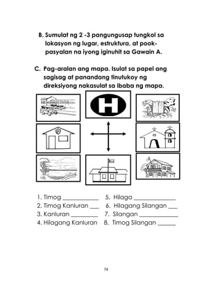 74
B. Sumulat ng 2 -3 pangungusap tungkol sa
lokasyon ng lugar, estruktura, at pook-
pasyalan na iyong iginuhit sa Gawain A.
C. Pag-aralan ang mapa. Isulat sa papel ang
sagisag at panandang tinutukoy ng
direksiyong nakasulat sa ibaba ng mapa.
1. Timog ____________ 5. Hilaga ______________
2. Timog Kanluran ___ 6. Hilagang Silangan ___
3. Kanluran _________ 7. Silangan _____________
4. Hilagang Kanluran 8. Timog Silangan ______
 