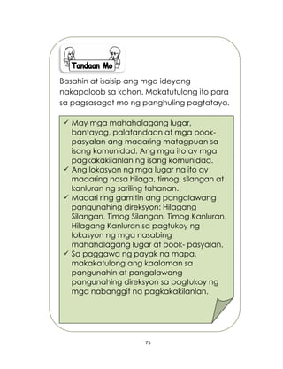 75
Basahin at isaisip ang mga ideyang
nakapaloob sa kahon. Makatutulong ito para
sa pagsasagot mo ng panghuling pagtataya.
 May mga mahahalagang lugar,
bantayog, palatandaan at mga pook-
pasyalan ang maaaring matagpuan sa
isang komunidad. Ang mga ito ay mga
pagkakakilanlan ng isang komunidad.
 Ang lokasyon ng mga lugar na ito ay
maaaring nasa hilaga, timog, silangan at
kanluran ng sariling tahanan.
 Maaari ring gamitin ang pangalawang
pangunahing direksyon: Hilagang
Silangan, Timog Silangan, Timog Kanluran,
Hilagang Kanluran sa pagtukoy ng
lokasyon ng mga nasabing
mahahalagang lugar at pook- pasyalan.
 Sa paggawa ng payak na mapa,
makakatulong ang kaalaman sa
pangunahin at pangalawang
pangunahing direksyon sa pagtukoy ng
mga nabanggit na pagkakakilanlan.
 