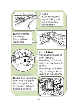 80
SAPA kung ako
ay tawagin.
Mas maliit ako
kaysa ilog.
Ako si BUKAL.
Nanggagaling ako sa
ilalim ng lupa.
Kalimitang mainit na
tubig ang nagmumula
sa akin.
Maraming katulad ko
ang matatagpuan sa
lalawigan ng Laguna.
Ako si
ILOG.Bahagi ako
ng malaking lawa
na umaagos o
dumadaloy.
TALON ang tawag sa
akin. Ako’y tubig na
bumabagsak mula
sa mataas na lugar
tulad ng bundok.
 