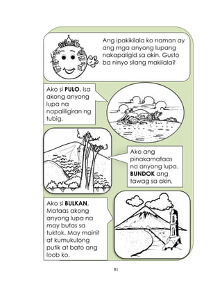 81
Ang ipakikilala ko naman ay
ang mga anyong lupang
nakapaligid sa akin. Gusto
ba ninyo silang makilala?
Ako si BULKAN.
Mataas akong
anyong lupa na
may butas sa
tuktok. May mainit
at kumukulong
putik at bato ang
loob ko.
Ako ang
pinakamataas
na anyong lupa.
BUNDOK ang
tawag sa akin.
Ako si PULO. Isa
akong anyong
lupa na
napaliligiran ng
tubig.
 