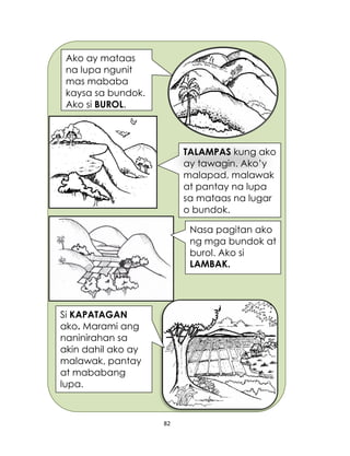 82
TALAMPAS kung ako
ay tawagin. Ako’y
malapad, malawak
at pantay na lupa
sa mataas na lugar
o bundok.
Ako ay mataas
na lupa ngunit
mas mababa
kaysa sa bundok.
Ako si BUROL.
Nasa pagitan ako
ng mga bundok at
burol. Ako si
LAMBAK.
Si KAPATAGAN
ako. Marami ang
naninirahan sa
akin dahil ako ay
malawak, pantay
at mababang
lupa.
 