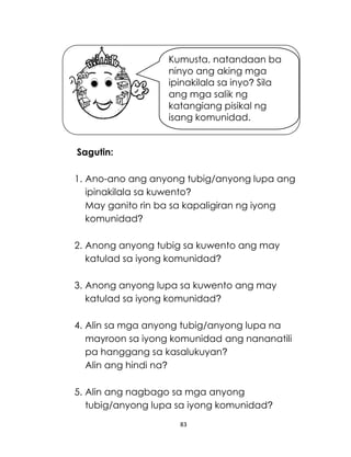 83
Sagutin:
1. Ano-ano ang anyong tubig/anyong lupa ang
ipinakilala sa kuwento?
May ganito rin ba sa kapaligiran ng iyong
komunidad?
2. Anong anyong tubig sa kuwento ang may
katulad sa iyong komunidad?
3. Anong anyong lupa sa kuwento ang may
katulad sa iyong komunidad?
4. Alin sa mga anyong tubig/anyong lupa na
mayroon sa iyong komunidad ang nananatili
pa hanggang sa kasalukuyan?
Alin ang hindi na?
5. Alin ang nagbago sa mga anyong
tubig/anyong lupa sa iyong komunidad?
Kumusta, natandaan ba
ninyo ang aking mga
ipinakilala sa inyo? Sila
ang mga salik ng
katangiang pisikal ng
isang komunidad.
 