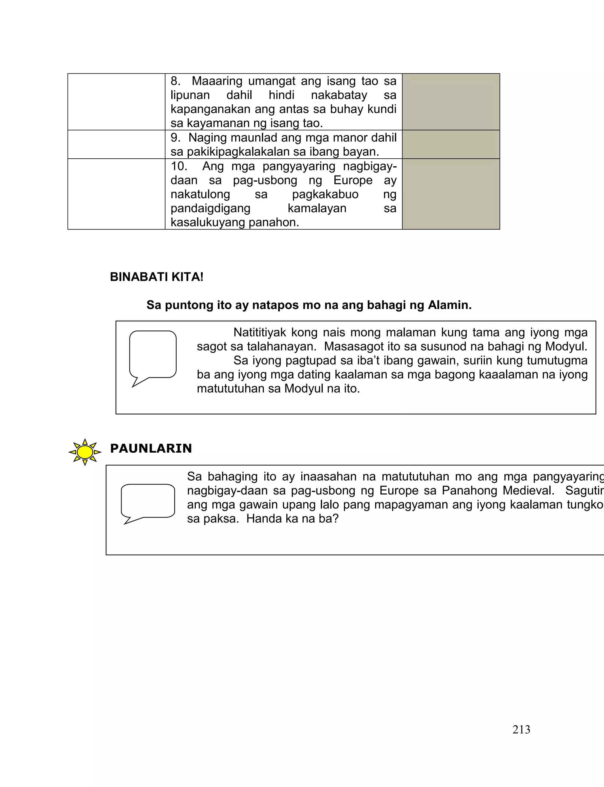 213
BINABATI KITA!
Sa puntong ito ay natapos mo na ang bahagi ng Alamin.
PAUNLARIN
8. Maaaring umangat ang isang tao sa
lipunan dahil hindi nakabatay sa
kapanganakan ang antas sa buhay kundi
sa kayamanan ng isang tao.
9. Naging maunlad ang mga manor dahil
sa pakikipagkalakalan sa ibang bayan.
10. Ang mga pangyayaring nagbigay-
daan sa pag-usbong ng Europe ay
nakatulong sa pagkakabuo ng
pandaigdigang kamalayan sa
kasalukuyang panahon.
Natititiyak kong nais mong malaman kung tama ang iyong mga
sagot sa talahanayan. Masasagot ito sa susunod na bahagi ng Modyul.
Sa iyong pagtupad sa iba’t ibang gawain, suriin kung tumutugma
ba ang iyong mga dating kaalaman sa mga bagong kaaalaman na iyong
matututuhan sa Modyul na ito.
Sa bahaging ito ay inaasahan na matututuhan mo ang mga pangyayaring
nagbigay-daan sa pag-usbong ng Europe sa Panahong Medieval. Sagutin
ang mga gawain upang lalo pang mapagyaman ang iyong kaalaman tungkol
sa paksa. Handa ka na ba?
 