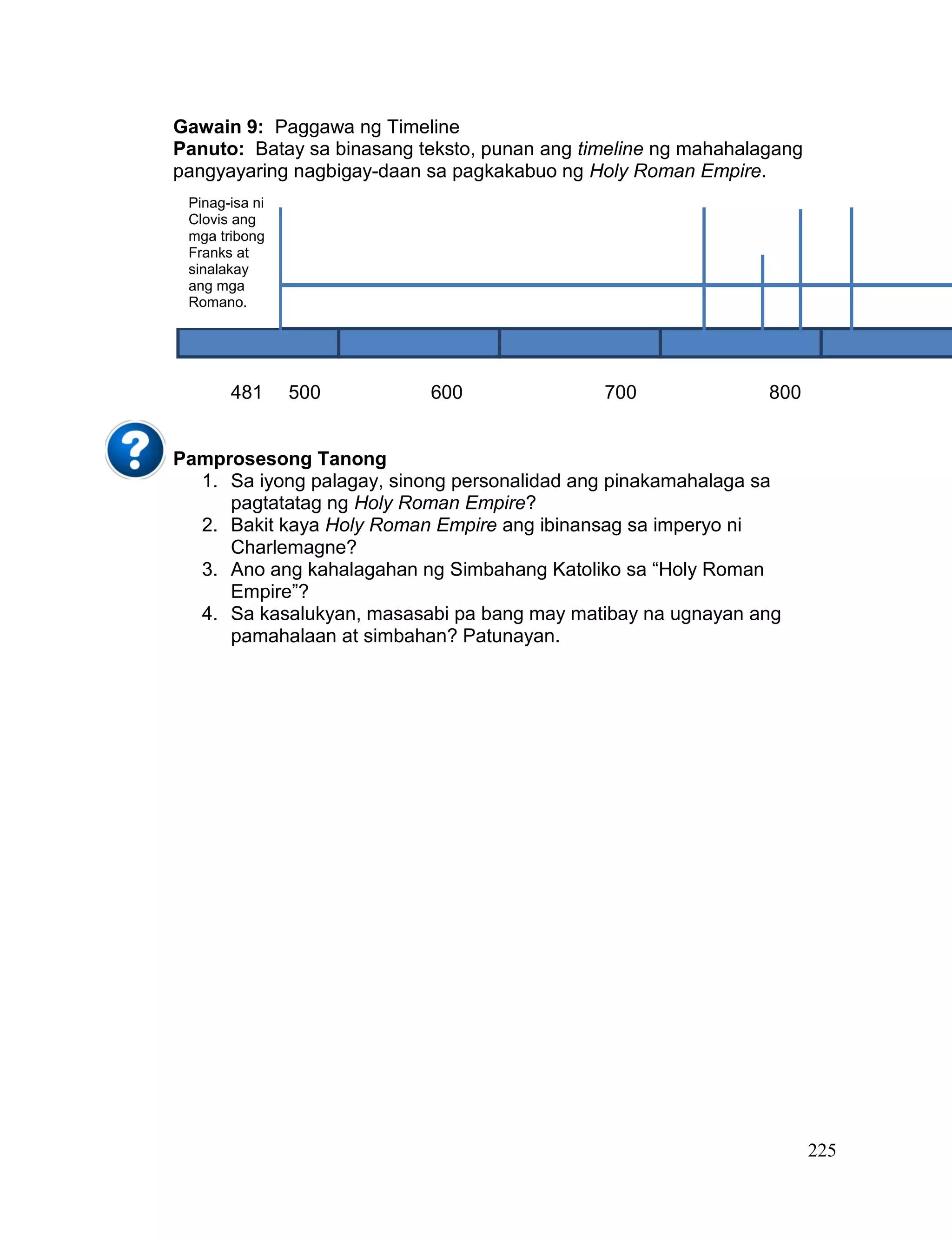 225
Gawain 9: Paggawa ng Timeline
Panuto: Batay sa binasang teksto, punan ang timeline ng mahahalagang
pangyayaring nagbigay-daan sa pagkakabuo ng Holy Roman Empire.
481 500 600 700 800
Pamprosesong Tanong
1. Sa iyong palagay, sinong personalidad ang pinakamahalaga sa
pagtatatag ng Holy Roman Empire?
2. Bakit kaya Holy Roman Empire ang ibinansag sa imperyo ni
Charlemagne?
3. Ano ang kahalagahan ng Simbahang Katoliko sa “Holy Roman
Empire”?
4. Sa kasalukyan, masasabi pa bang may matibay na ugnayan ang
pamahalaan at simbahan? Patunayan.
Pinag-isa ni
Clovis ang
mga tribong
Franks at
sinalakay
ang mga
Romano.
 