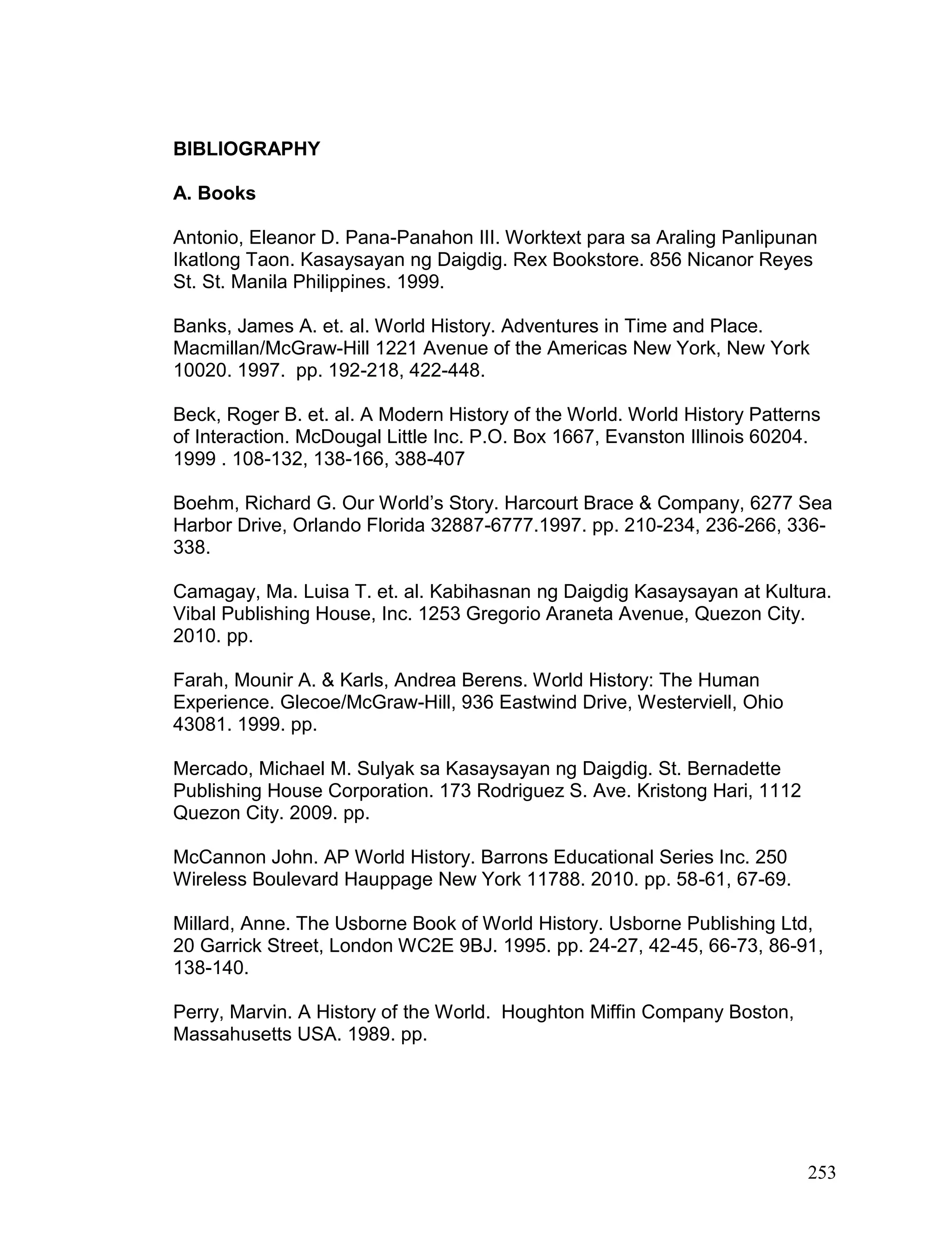 253
BIBLIOGRAPHY
A. Books
Antonio, Eleanor D. Pana-Panahon III. Worktext para sa Araling Panlipunan
Ikatlong Taon. Kasaysayan ng Daigdig. Rex Bookstore. 856 Nicanor Reyes
St. St. Manila Philippines. 1999.
Banks, James A. et. al. World History. Adventures in Time and Place.
Macmillan/McGraw-Hill 1221 Avenue of the Americas New York, New York
10020. 1997. pp. 192-218, 422-448.
Beck, Roger B. et. al. A Modern History of the World. World History Patterns
of Interaction. McDougal Little Inc. P.O. Box 1667, Evanston Illinois 60204.
1999 . 108-132, 138-166, 388-407
Boehm, Richard G. Our World’s Story. Harcourt Brace & Company, 6277 Sea
Harbor Drive, Orlando Florida 32887-6777.1997. pp. 210-234, 236-266, 336-
338.
Camagay, Ma. Luisa T. et. al. Kabihasnan ng Daigdig Kasaysayan at Kultura.
Vibal Publishing House, Inc. 1253 Gregorio Araneta Avenue, Quezon City.
2010. pp.
Farah, Mounir A. & Karls, Andrea Berens. World History: The Human
Experience. Glecoe/McGraw-Hill, 936 Eastwind Drive, Westerviell, Ohio
43081. 1999. pp.
Mercado, Michael M. Sulyak sa Kasaysayan ng Daigdig. St. Bernadette
Publishing House Corporation. 173 Rodriguez S. Ave. Kristong Hari, 1112
Quezon City. 2009. pp.
McCannon John. AP World History. Barrons Educational Series Inc. 250
Wireless Boulevard Hauppage New York 11788. 2010. pp. 58-61, 67-69.
Millard, Anne. The Usborne Book of World History. Usborne Publishing Ltd,
20 Garrick Street, London WC2E 9BJ. 1995. pp. 24-27, 42-45, 66-73, 86-91,
138-140.
Perry, Marvin. A History of the World. Houghton Miffin Company Boston,
Massahusetts USA. 1989. pp.
 