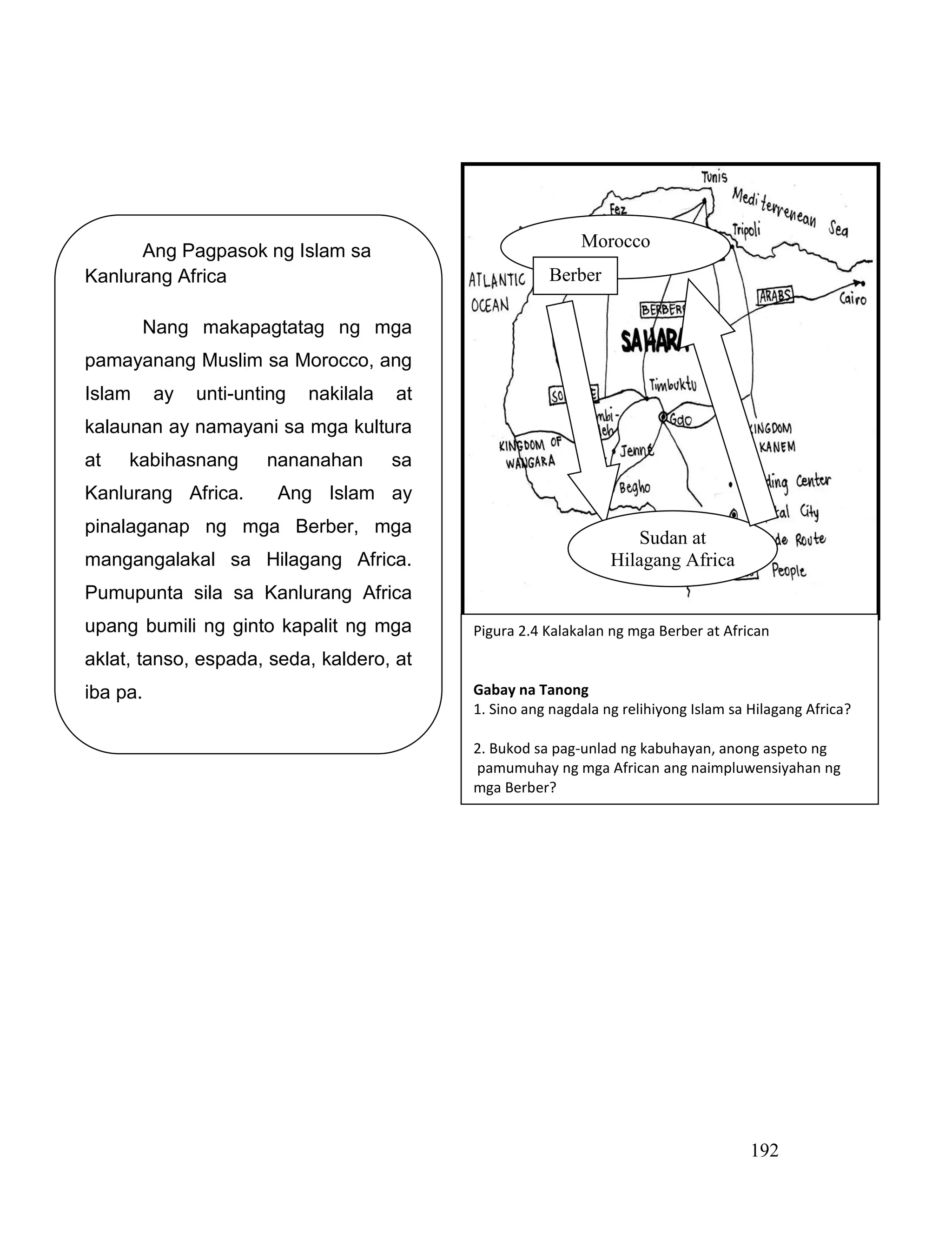 192
Ang Pagpasok ng Islam sa
Kanlurang Africa
Nang makapagtatag ng mga
pamayanang Muslim sa Morocco, ang
Islam ay unti-unting nakilala at
kalaunan ay namayani sa mga kultura
at kabihasnang nananahan sa
Kanlurang Africa. Ang Islam ay
pinalaganap ng mga Berber, mga
mangangalakal sa Hilagang Africa.
Pumupunta sila sa Kanlurang Africa
upang bumili ng ginto kapalit ng mga
aklat, tanso, espada, seda, kaldero, at
iba pa.
Morocco
Berber
Sudan at
Hilagang Africa
Pigura 2.4 Kalakalan ng mga Berber at African
Gabay na Tanong
1. Sino ang nagdala ng relihiyong Islam sa Hilagang Africa?
2. Bukod sa pag-unlad ng kabuhayan, anong aspeto ng
pamumuhay ng mga African ang naimpluwensiyahan ng
mga Berber?
 