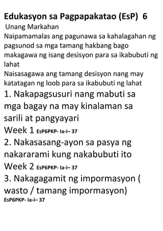 Edukasyon sa Pagpapakatao (EsP) 6
Unang Markahan
Naipamamalas ang pagunawa sa kahalagahan ng
pagsunod sa mga tamang hakbang bago
makagawa ng isang desisyon para sa ikabubuti ng
lahat
Naisasagawa ang tamang desisyon nang may
katatagan ng loob para sa ikabubuti ng lahat
1. Nakapagsusuri nang mabuti sa
mga bagay na may kinalaman sa
sarili at pangyayari
Week 1 EsP6PKP- Ia-i– 37
2. Nakasasang-ayon sa pasya ng
nakararami kung nakabubuti ito
Week 2 EsP6PKP- Ia-i– 37
3. Nakagagamit ng impormasyon (
wasto / tamang impormasyon)
EsP6PKP- Ia-i– 37
 